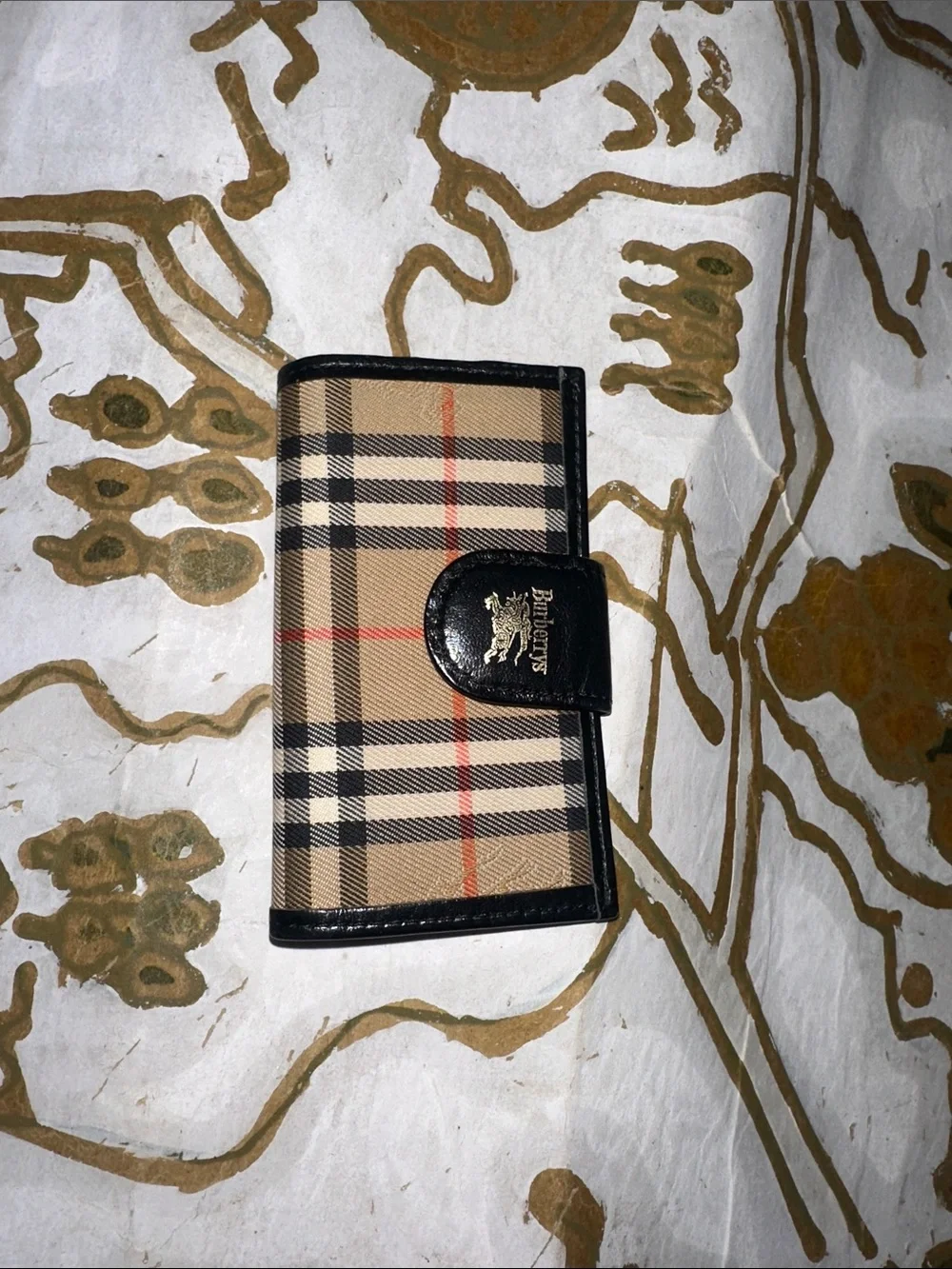 Burberry Tan Plaid Card Holder with Black Leather Snap and Gold Logo - Picture 1 of 5